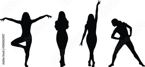 Black silhouettes of women practicing yoga stretching and dancing in expressive poses for fitness wellness health and active lifestyle concept