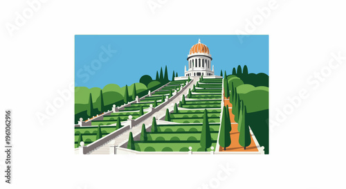 Ornate building atop tiered gardens with cypress trees under blue sky