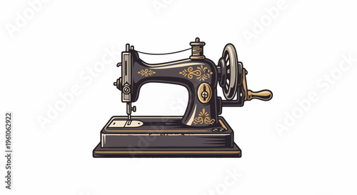 Ornate vintage sewing machine with hand crank and decorative gold accents