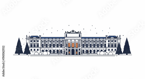 Ornate white building with blue roof and orange doors, set against winter snow