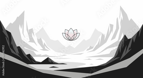 Minimalist mountain valley with a floating lotus flower