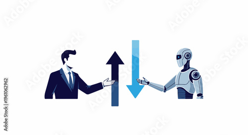 Man and robot interact with upward and downward arrows
