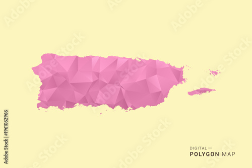Puerto Rico Map - Low poly polygon map design in soft pink pastel gradient on beige background, modern minimal geometric style, clean digital vector illustration.