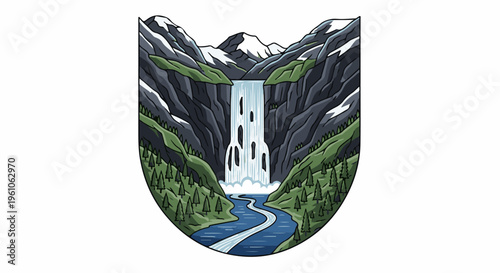 Majestic waterfall cascades through rocky mountains into a winding river