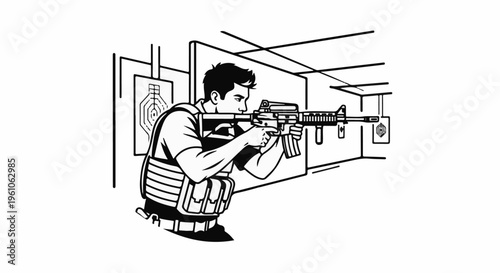 Man aiming rifle at target in shooting range