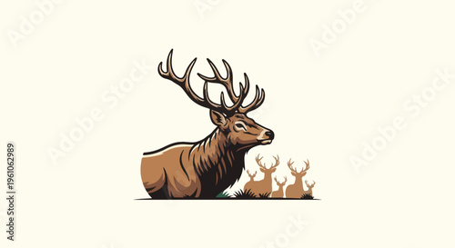 Majestic stag with large antlers leads a group of smaller deer in serene grassland