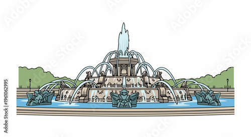 Majestic tiered fountain with cascading water sprays and ornate stone sculptures