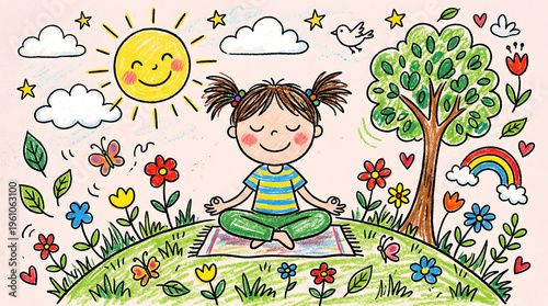 Child Meditating in Nature - Kids Drawing Style