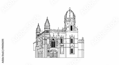 Ornate building with multiple towers and a central dome, sketch