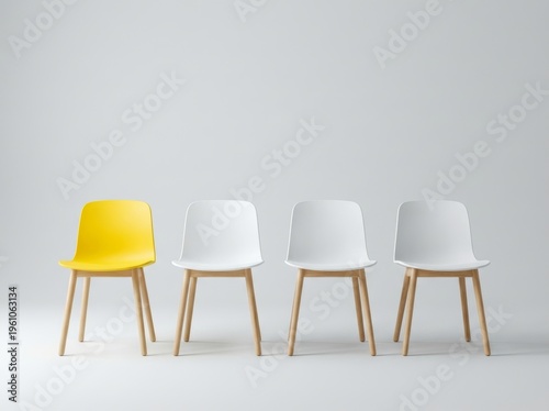 Three white and one yellow chair symbolize candidate selection or career growth.