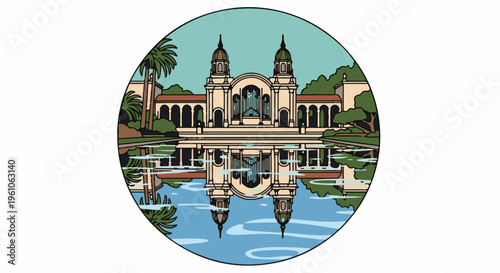 Ornate building with twin domes reflected in calm water, surrounded by foliage