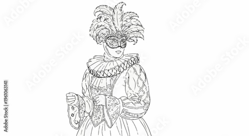 Person in elaborate historical costume and mask with feathers