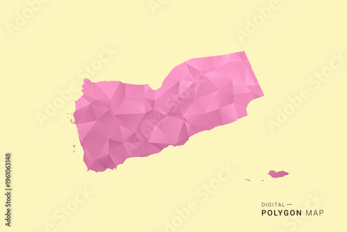 Yemen Map - Low poly polygon map design in soft pink pastel gradient on beige background, modern minimal geometric style, clean digital vector illustration.