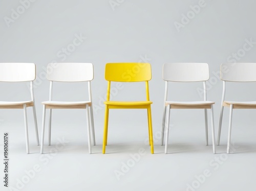 A row of four white chairs with a standout yellow chair in the center, symbolizing choice.