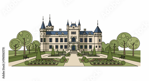 Ornate castle with manicured gardens, trees, and pathways