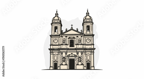 Ornate church facade with twin bell towers, clock, and central dome