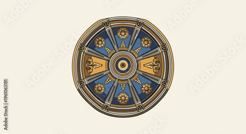 Ornate circular emblem with radiating spokes and floral motifs in blue and gold