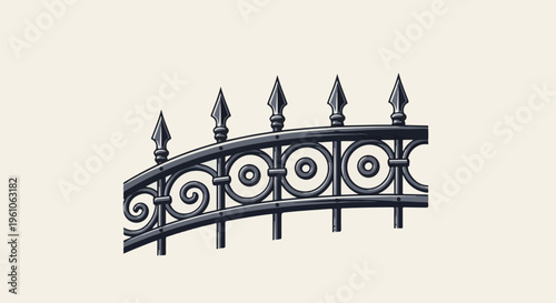 Ornate wrought iron fence with swirling patterns and pointed finials