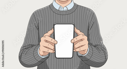 Person in grey sweater and shirt holding a blank smartphone