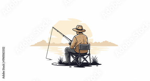 Man sitting on folding chair by water, fishing with rod