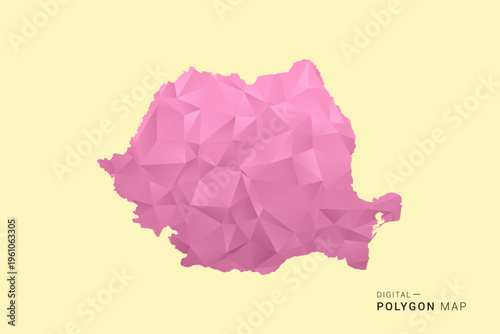 Romania Map - Low poly polygon map design in soft pink pastel gradient on beige background, modern minimal geometric style, clean digital vector illustration.