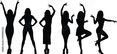 Set of black silhouettes of women dancing posing and celebrating in various expressive positions for party fashion nightlife and entertainment