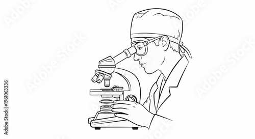Person in surgical cap and goggles intently studies sample under microscope