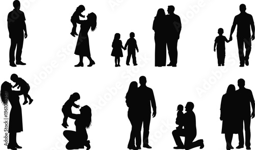 Set of family black silhouettes including parents children mother holding baby father walking with son and couples isolated on white