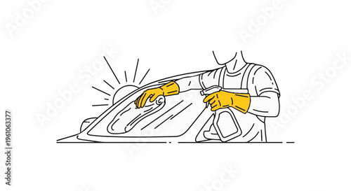 Person in yellow gloves cleaning vehicle surface with spray under sunlight