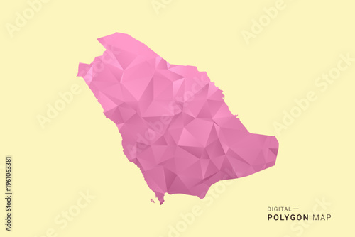 Saudi Arabia Map - Low poly polygon map design in soft pink pastel gradient on beige background, modern minimal geometric style, clean digital vector illustration.