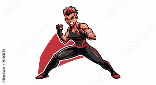 Muscular fighter in a defensive stance, wearing black and red athletic wear