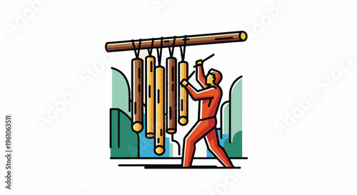 Person plays musical percussion tubes suspended from a wooden beam