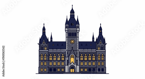 Ornate, dark blue and grey castle-like building with illuminated windows