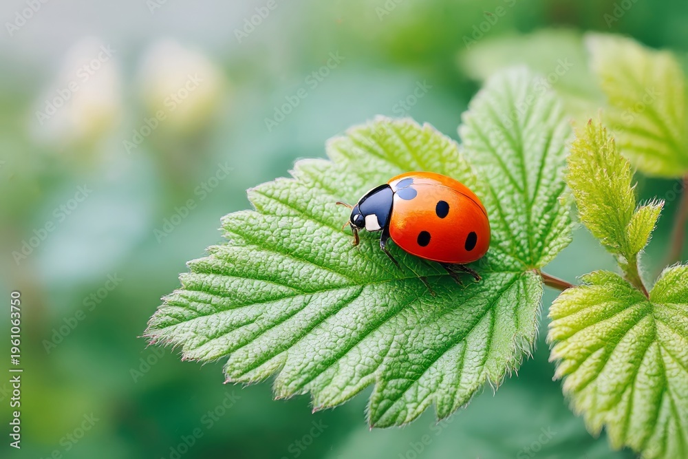 Obraz premium Ecological Balance And Natural Pest Control Ladybug On Green Leaf In Garden For Sustainable Agriculture And Biodiversity Conservation Close Up