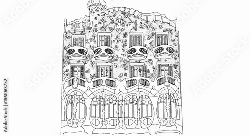 Ornate facade with whimsical balconies, irregular windows, and textured roof