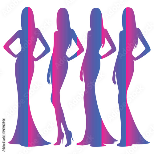  Female Silhouettes Fashion Models Elegant Women Poses with Neon Gradient Vector Illustration.