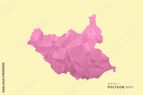 South Sudan Map - Low poly polygon map design in soft pink pastel gradient on beige background, modern minimal geometric style, clean digital vector illustration.