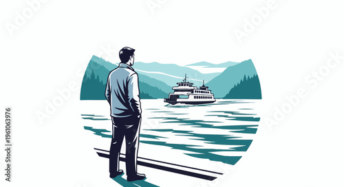 Man watches ferry on water with mountains and trees in background
