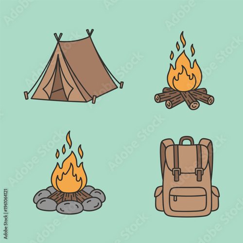 A cartoon-style illustration of a campfire burning on a pile of logs and stones, evoking a sense of warmth and coziness.