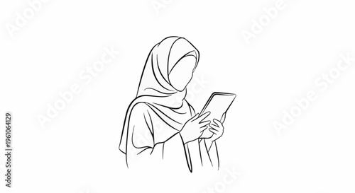 Minimalist sketch of a woman in hijab holding a digital tablet