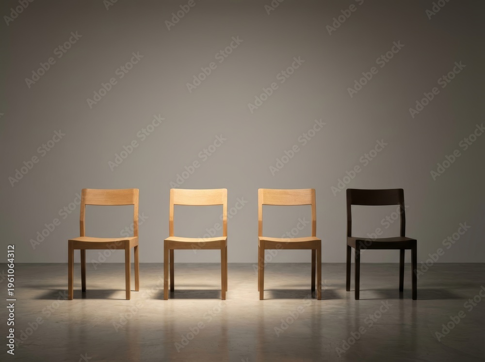 Obraz premium A lineup of four wooden chairs under spotlight symbolizes choice and opportunity.