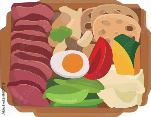 Healthy Bento Box in Paper Container with Sliced Beef, Lotus Root, and Fresh Vegetables - Top View Illustration