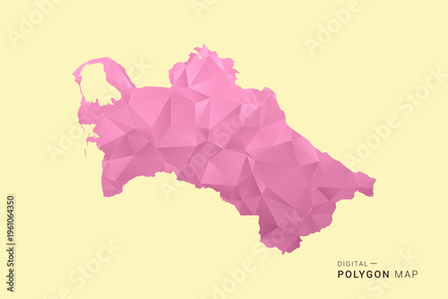 Turkmenistan Map - Low poly polygon map design in soft pink pastel gradient on beige background, modern minimal geometric style, clean digital vector illustration.