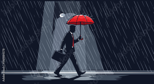 Man with umbrella walks in the rain