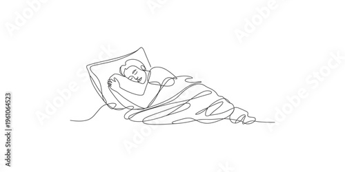 A continuous line drawing depicts a woman peacefully sleeping in a bed with a pillow high quality professional