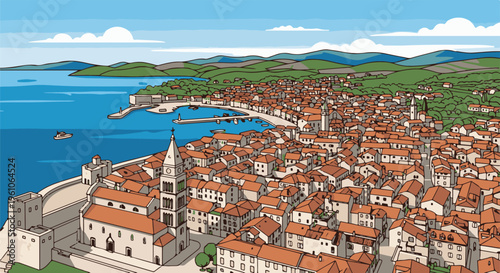 Pixelated aerial view of a coastal town with orange roofs and a blue bay