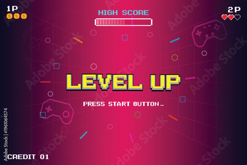 level up. pixel art 8 bit. Retro Futurism Sci-Fi Background. glowing neon grid. and stars from vintage arcade computer games. 