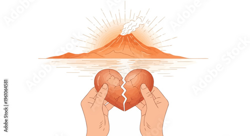 Broken heart symbol held by hands under erupting volcano illustration