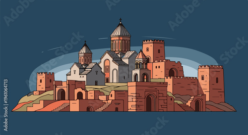 Pixelated ancient fortress and church complex bathed in warm sunset light