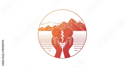 Broken heart symbol held by hands with mountain and sunset background